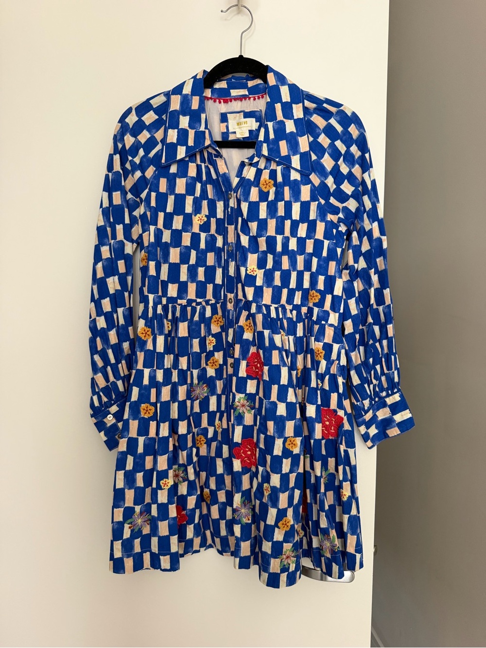 Maeve Blue and White Checkered Mini Dress with Floral Patchwork